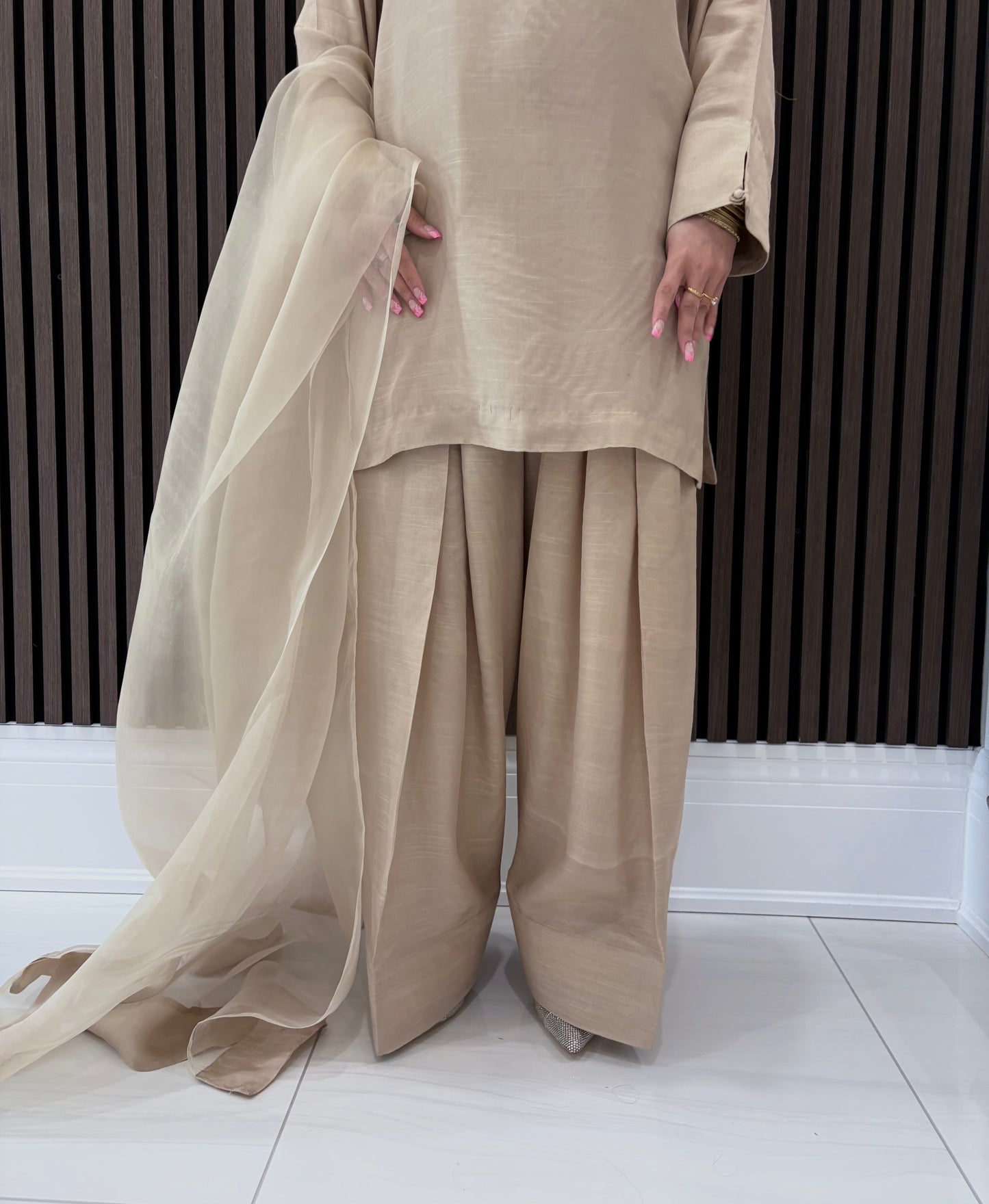 Stonish beige farshi shalwar